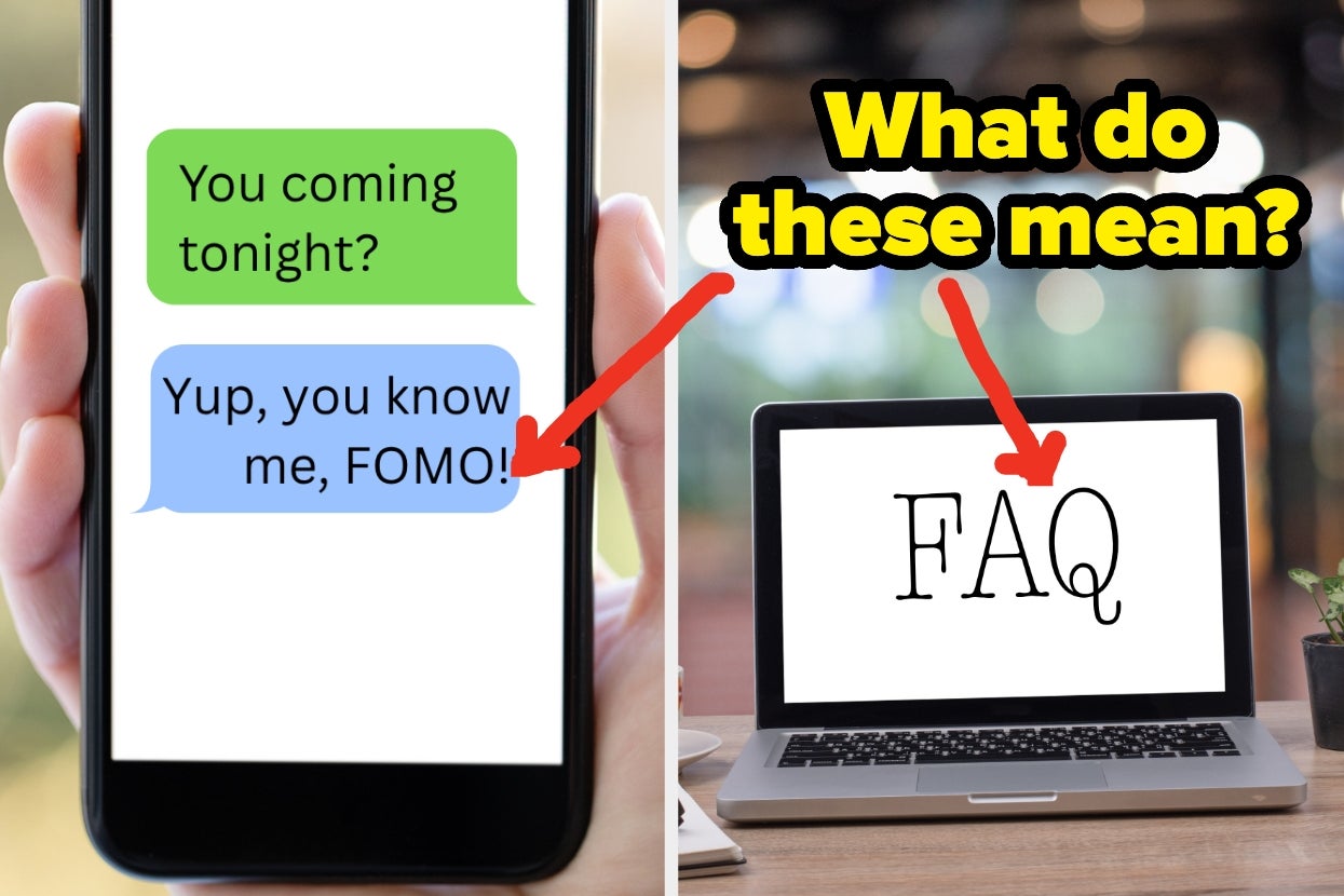 Text on phone: "You coming tonight?" "Yup, you know me, FOMO!" Laptop screen shows "FAQ."