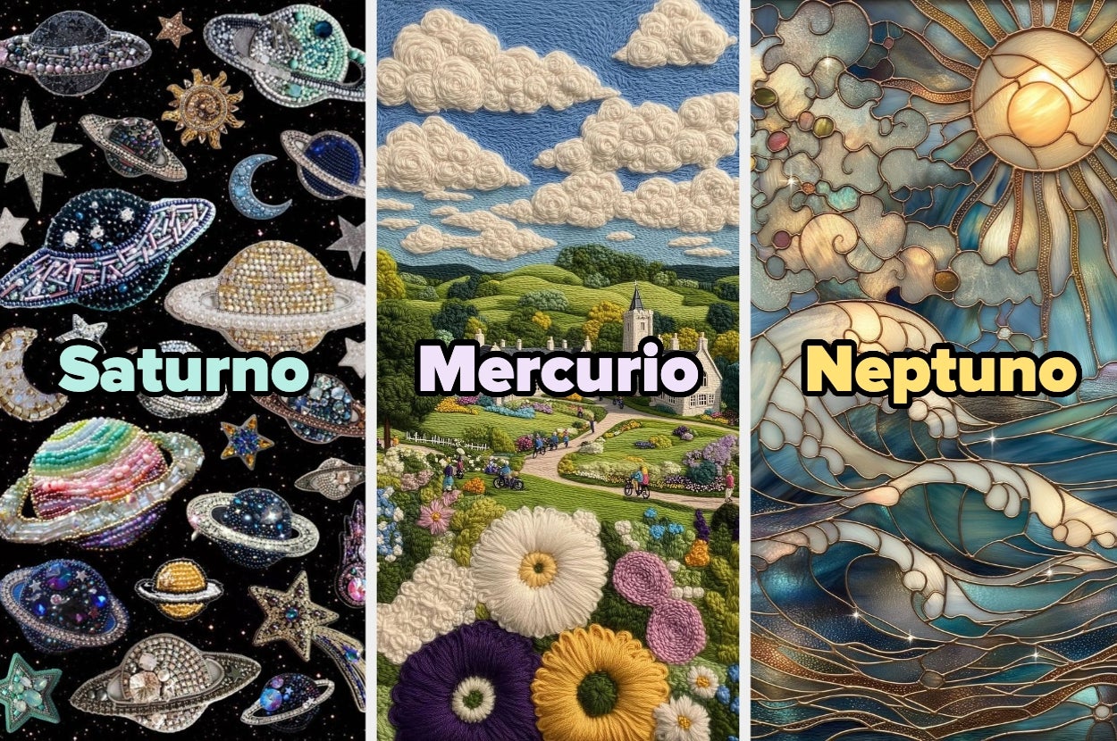 Three panels: Beaded planets labeled "Saturno," a landscape with flowers labeled "Mercurio," and a stained glass sea scene labeled "Neptuno."