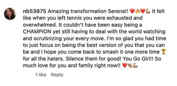 Comment praising Serena's transformation post-tennis, highlighting her champion spirit and encouraging her against critics