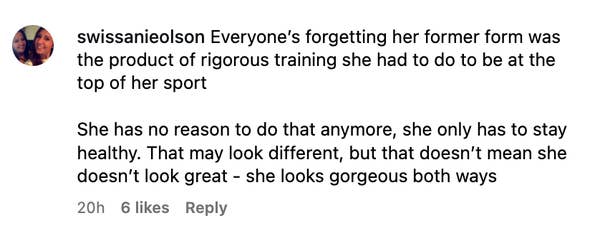 Comment discussing changes in a celebrity's appearance, emphasizing that she maintains her health and looks great regardless of the differences