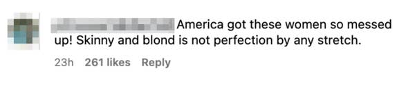Comment criticizing beauty standards, stating "Skinny and blond is not perfection by any stretch."