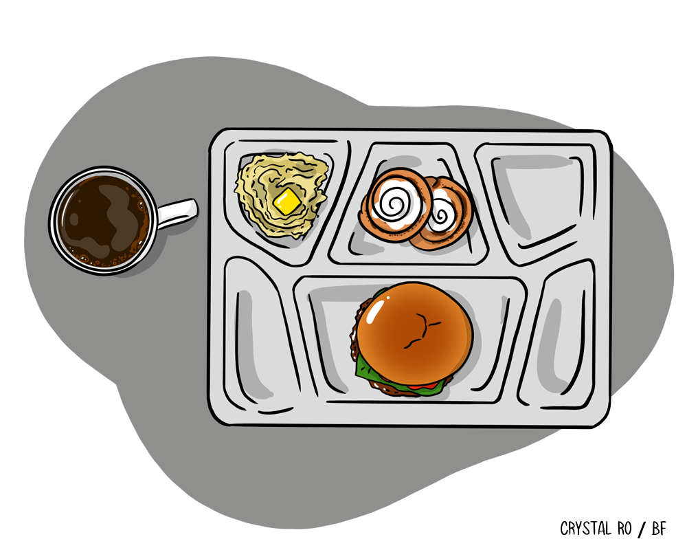 Tray with a burger, mashed potatoes with butter, cinnamon rolls, and a cup of coffee