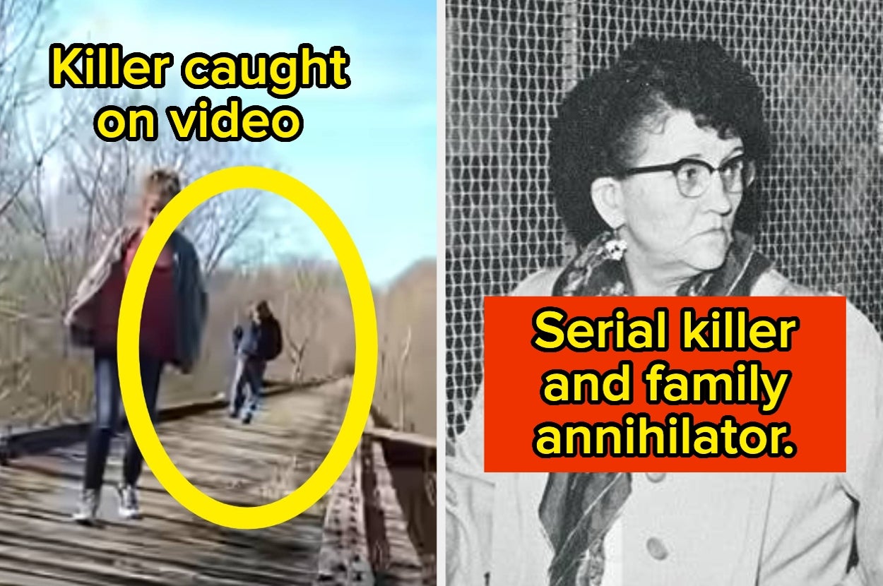 Split image: Left shows a blurry figure on a bridge with "Killer caught on video." Right features a woman in glasses and a black coat with "Serial killer and family annihilator."
