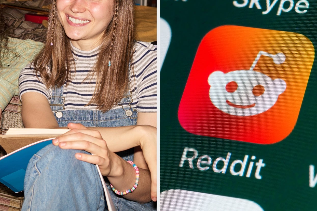 Person holding a book, sitting next to another person. Beside this, the Reddit app icon is displayed on a smartphone screen