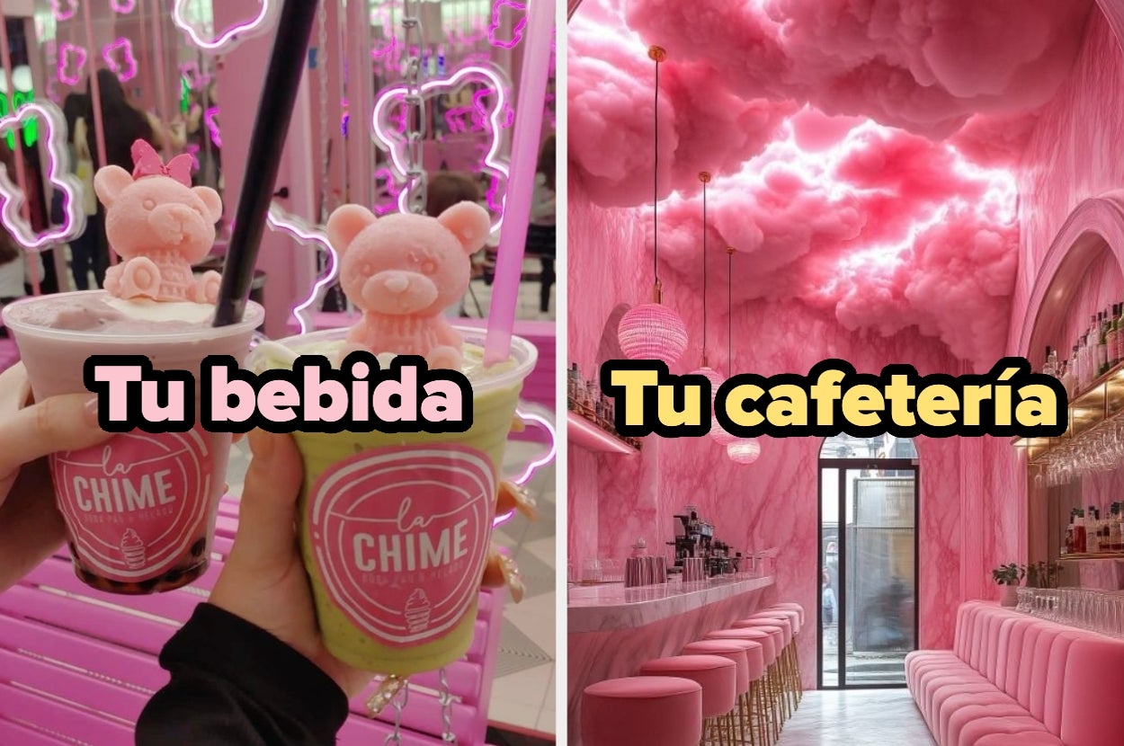 Two images: left shows two drinks with bear-shaped toppings, right shows a pink-themed café interior with cloud decorations