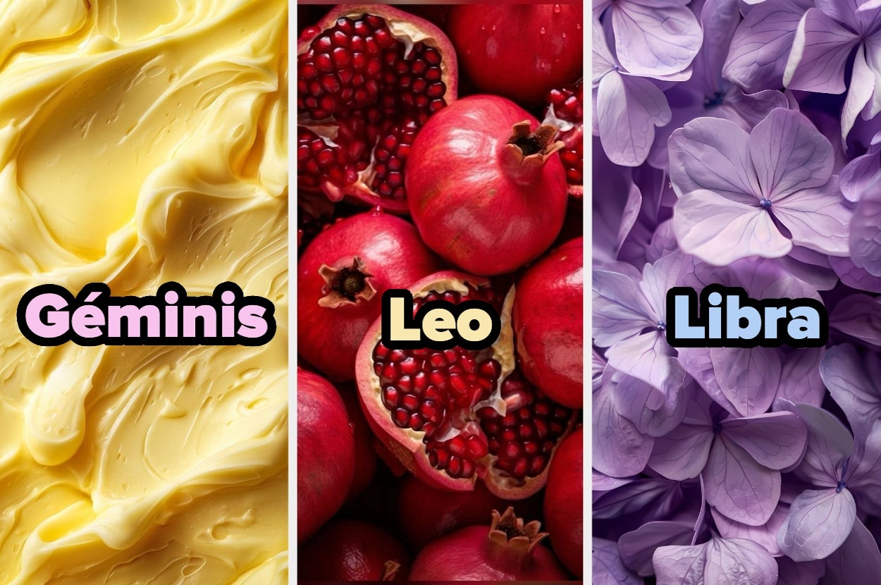 Three zodiac signs: Gemini over a creamy texture, Leo over pomegranates, Libra over purple flowers