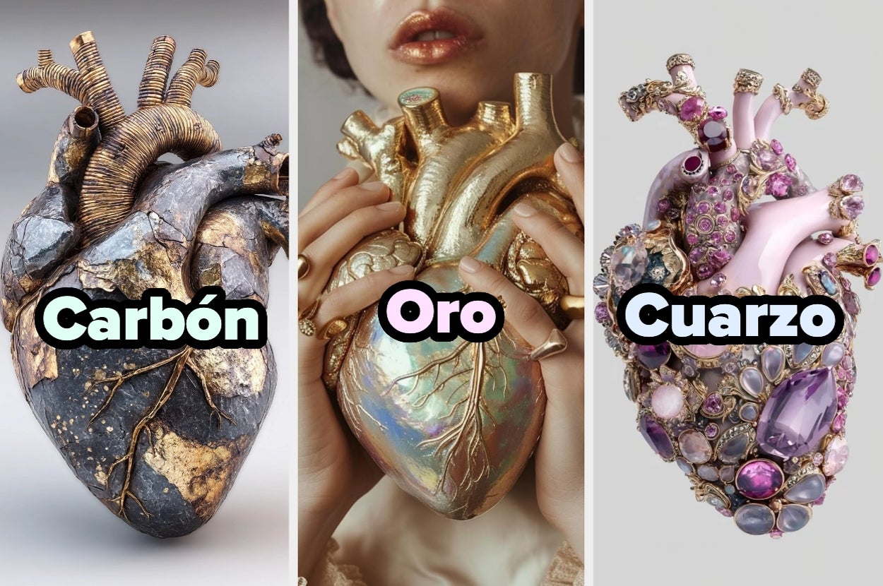 Three sculptures of hearts labeled "Carbón," "Oro," and "Cuarzo," each with intricate designs suggesting carbon, gold, and quartz textures
