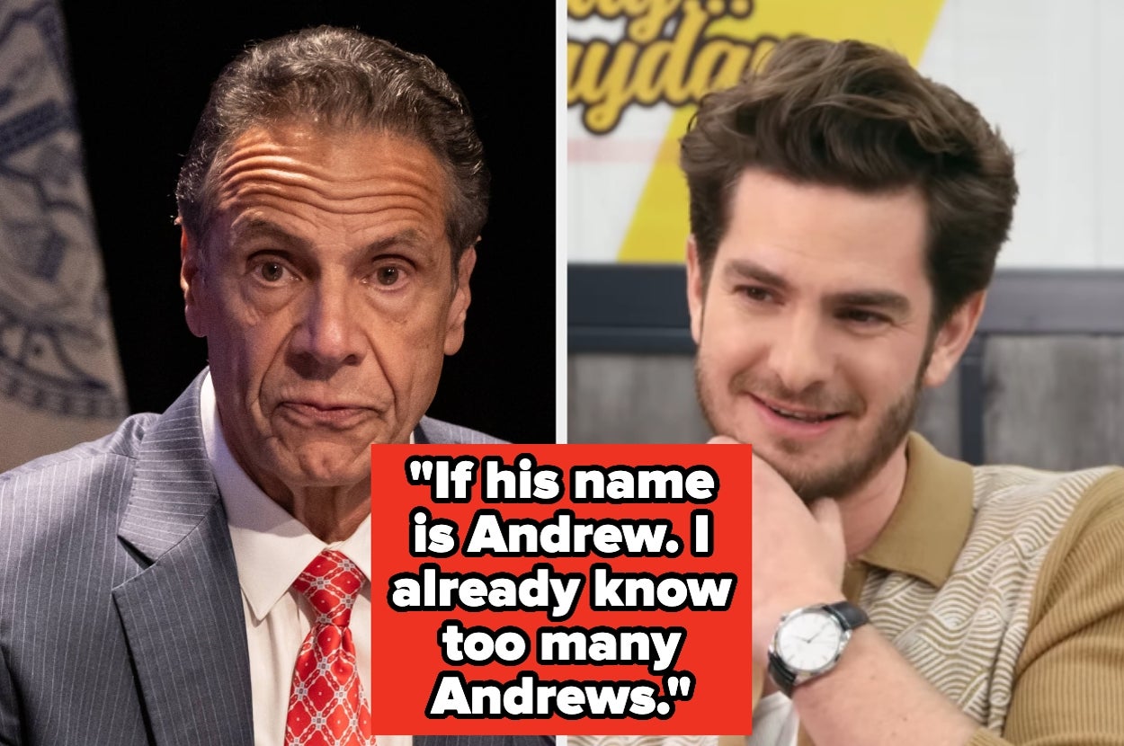 Split image: Left shows a man in a suit, right shows another man smiling in casual wear. Text says, "If his name is Andrew. I already know too many Andrews."