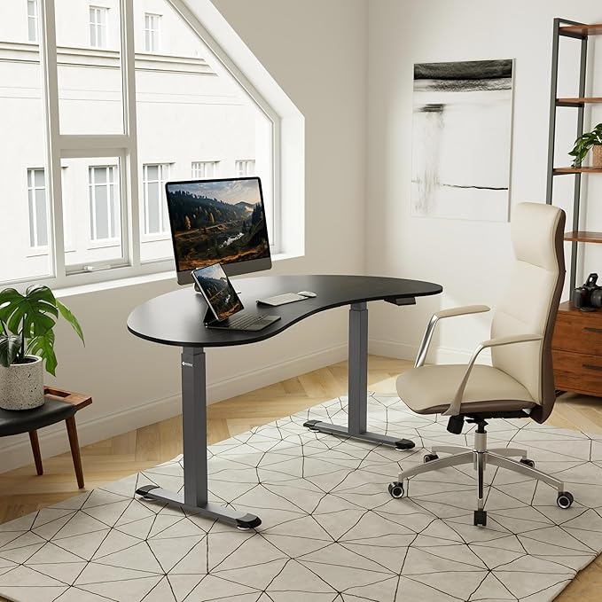 Modern home office with an ergonomic desk, chair, computer, and decor. Light-filled space for productivity and comfort