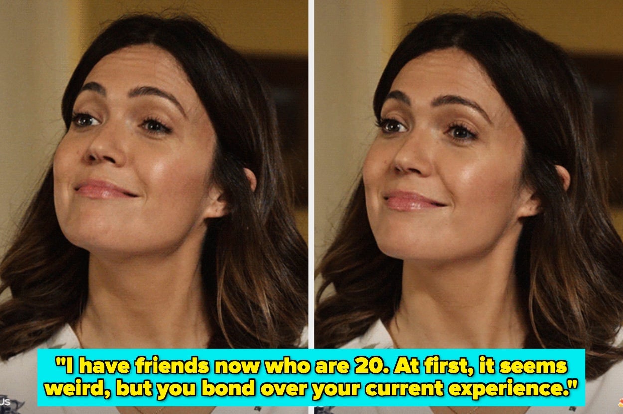 Two side-by-side photos of a smiling woman. Text below: "I have friends now who are 20. At first, it seems weird, but you bond over your current experience."