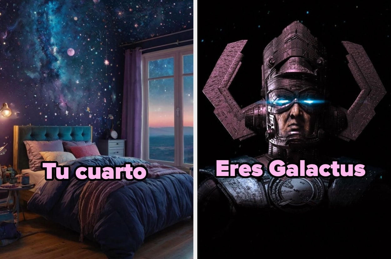 Cuarto con mural estelar y texto: "Tu cuarto". Personaje cósmico ficticio y texto: "Eres Galactus"