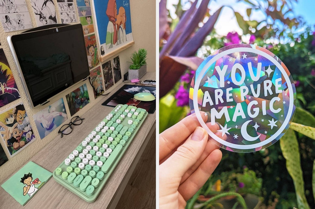 Left: Anime-themed computer setup with figures and posters. Right: Colorful sticker says "You're Made of Magic."
