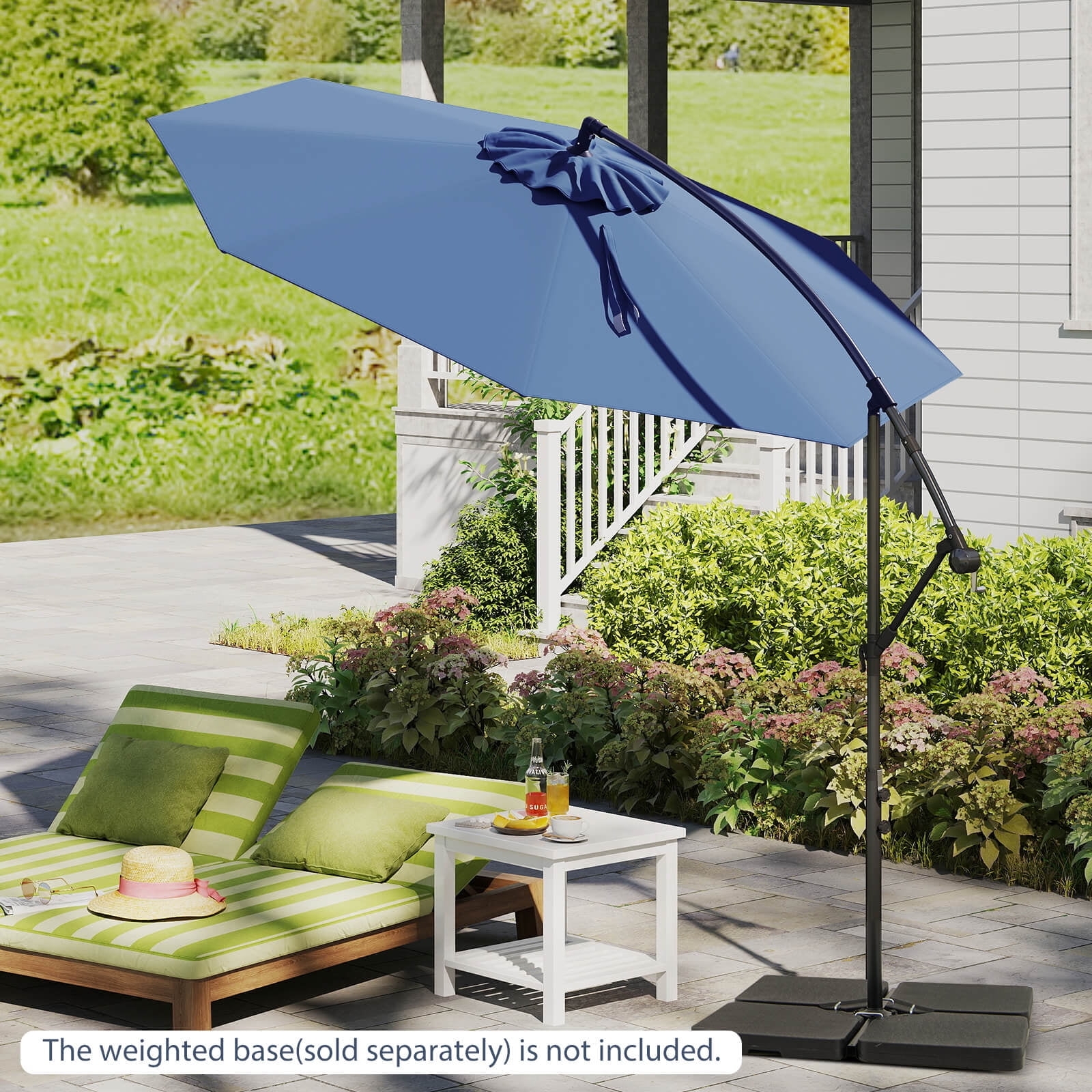 Patio scene with a blue cantilever umbrella next to a striped lounge chair and table with drinks. Includes note: "Weighted base sold separately."
