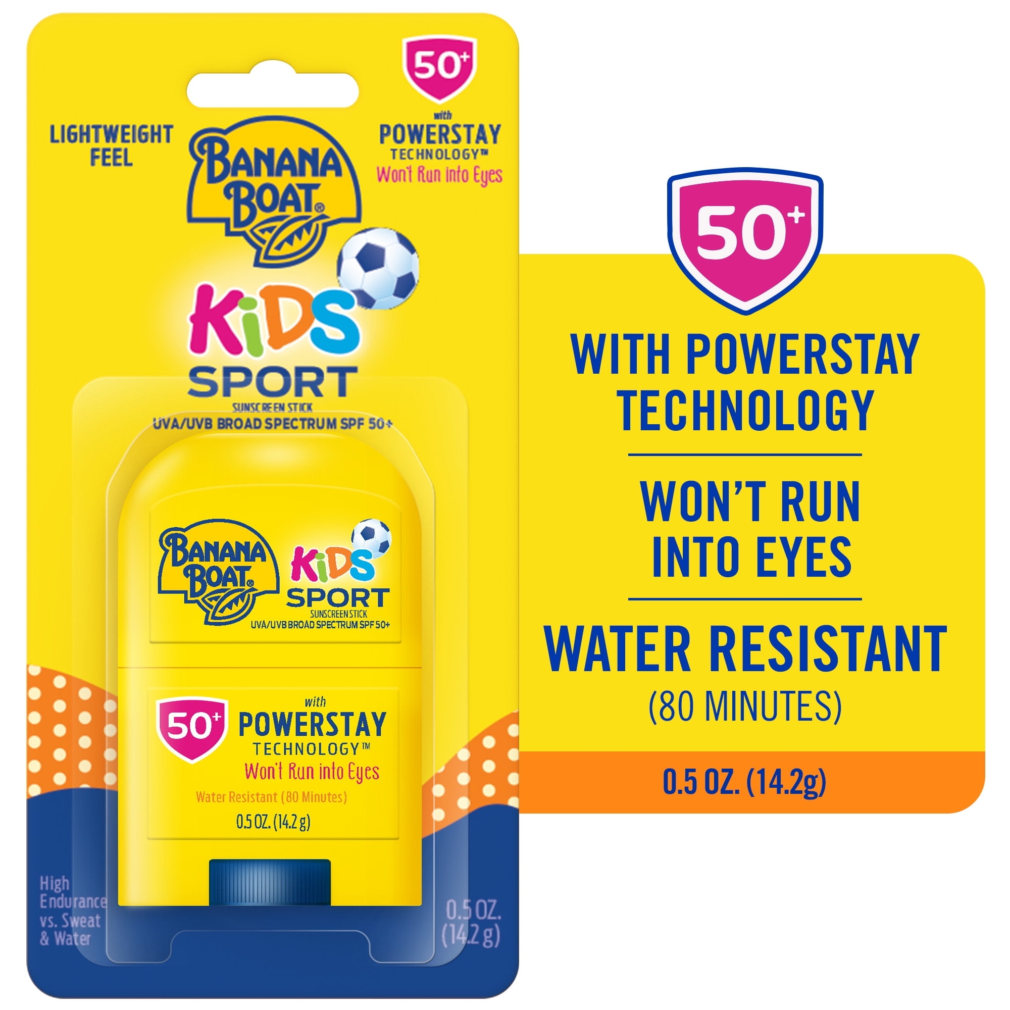 Banana Boat Kids Sport sunscreen, SPF 50+, 0.5 oz, lightweight, water-resistant for 80 minutes, with PowerStay Technology against eye irritation