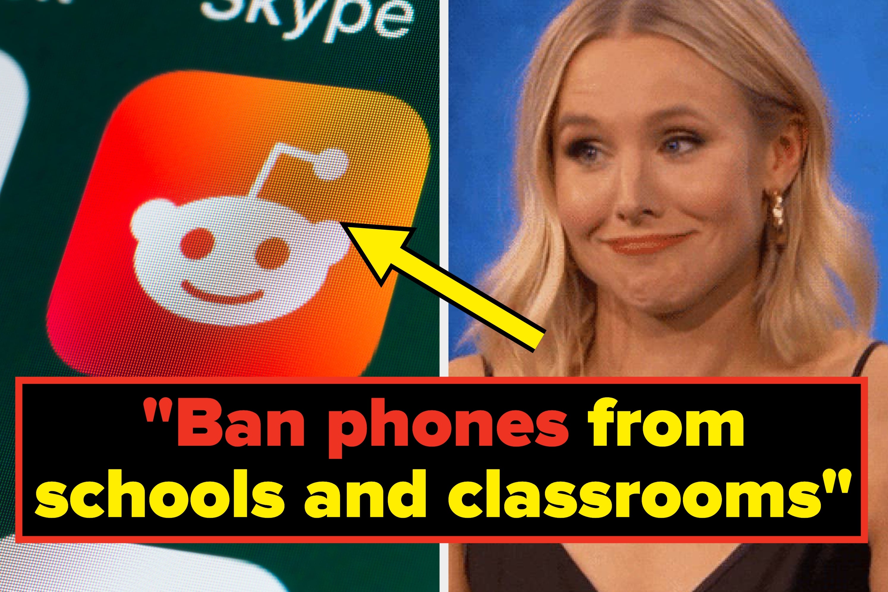 Split image: Left shows adult website warning. Right features a woman smirking. Overlay text: "Ban phones from schools and classrooms."