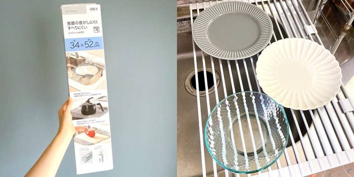 ニトリの「畳めてかけられるシリコーン水切り(52×34cm)」