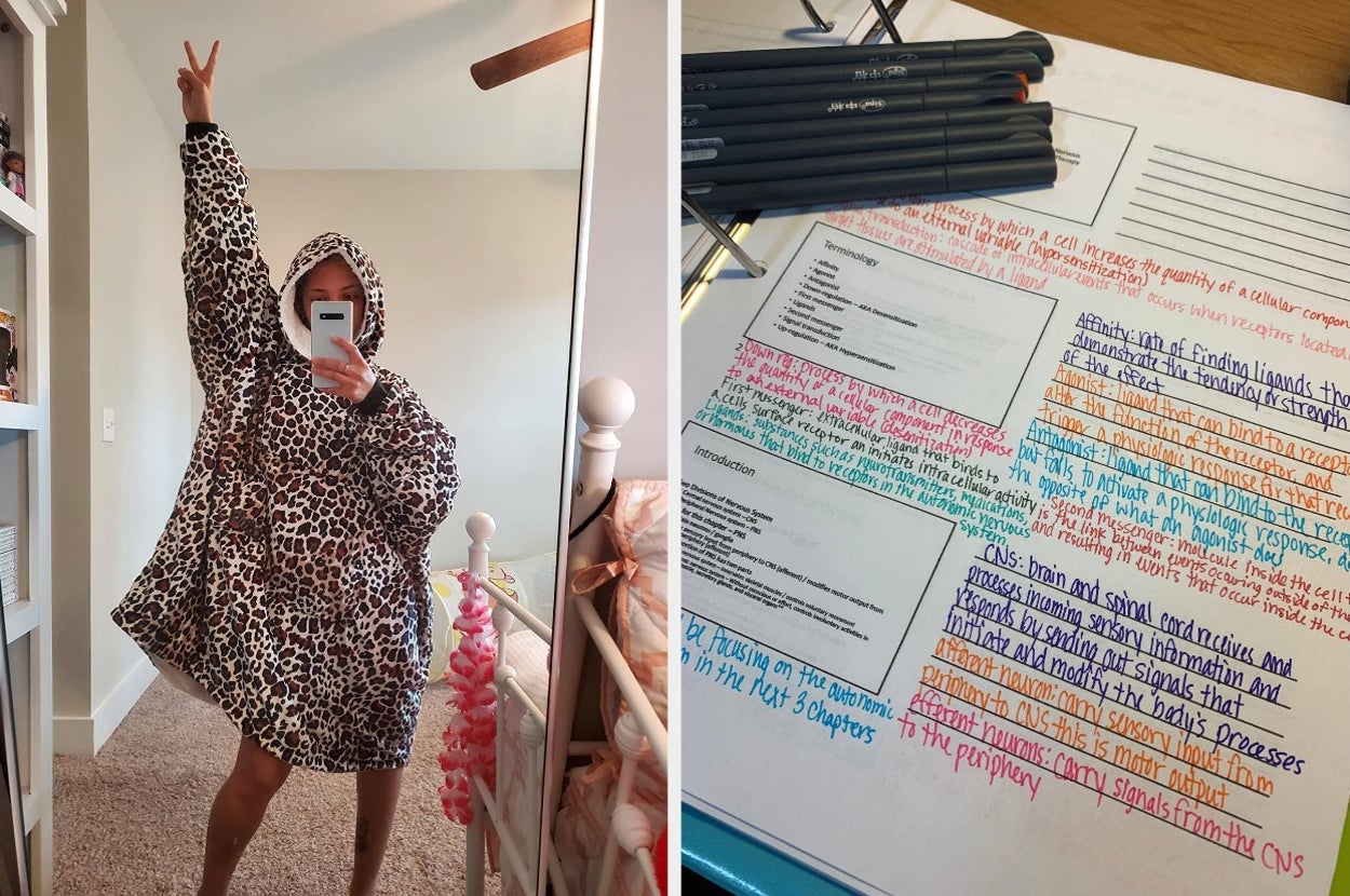 Person in oversized leopard print hoodie takes mirror selfie; vibrant, handwritten notes on a desk with pens in separate image