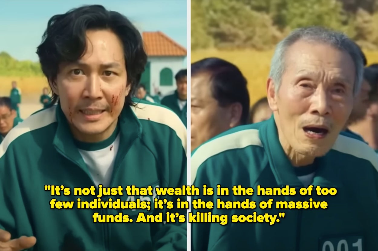 Two "Squid Game" characters in green tracksuits, intense expressions, with a quote about wealth inequality impacting society