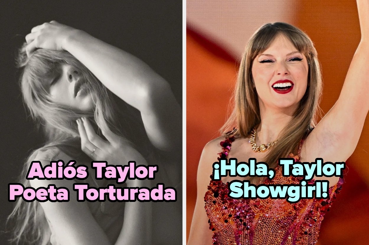 Dos imágenes: foto artística melancólica a la izquierda; a la derecha, Taylor con vestido brillante y gesto alegre. Texto: "Adiós Poeta Torturada" y "¡Hola, Showgirl!"