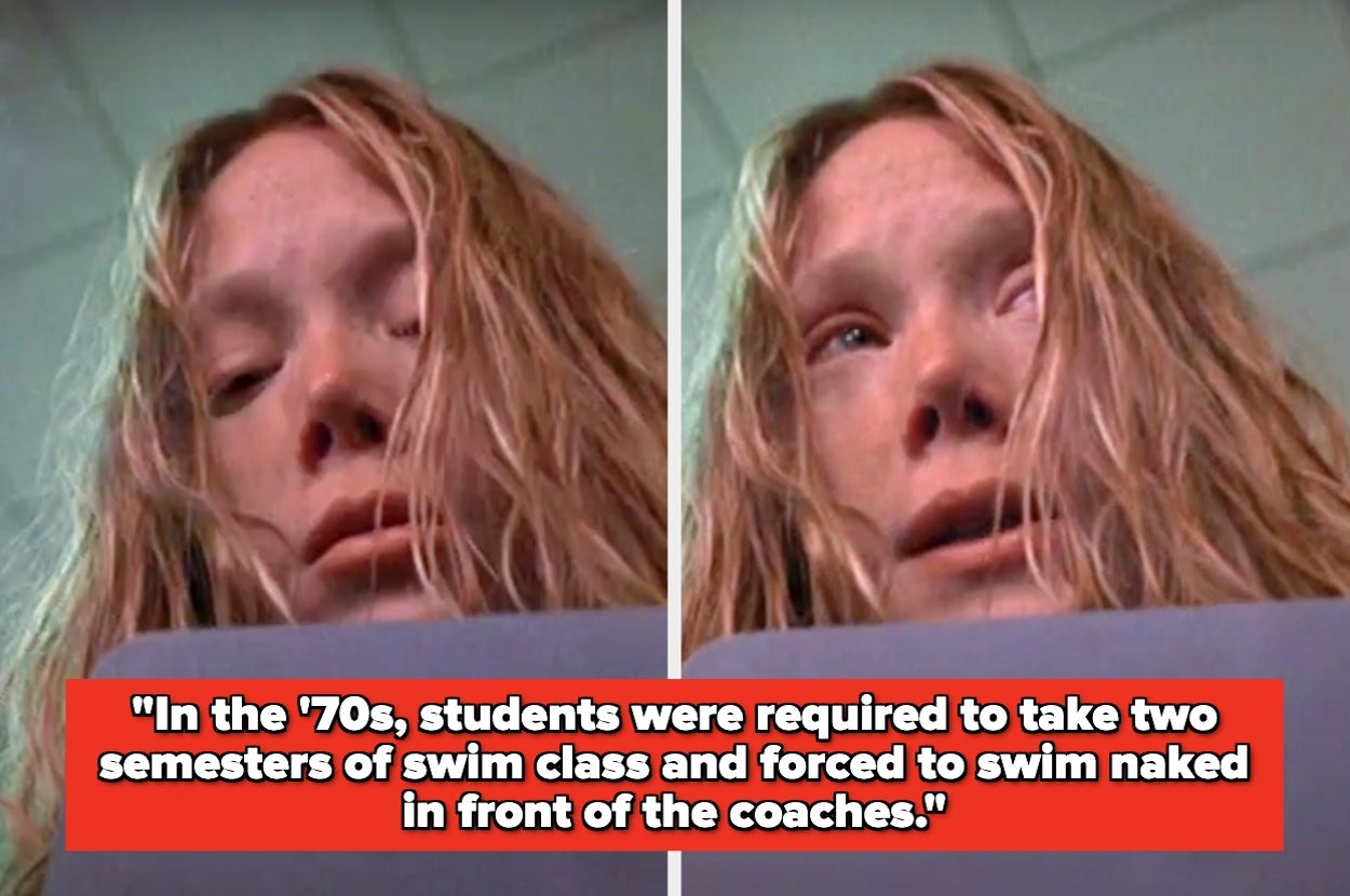 Close-up of a distressed young woman with wet hair; text about 1970s swim class requirements