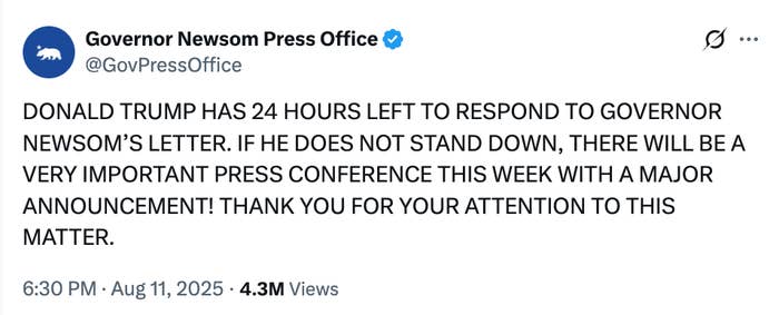 Tweet from Governor Newsom's office: Trump has 24 hours to respond to Newsom's letter or a major announcement will follow this week