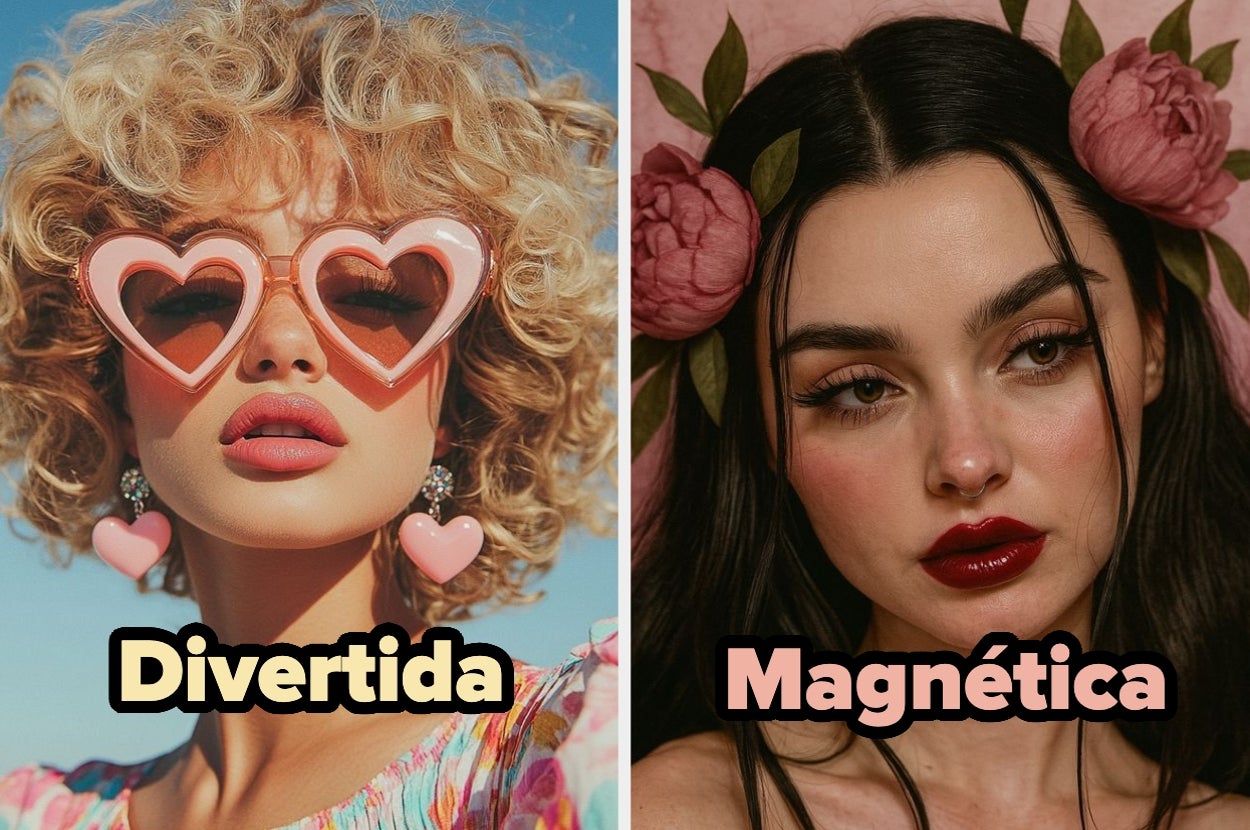 A la izquierda, persona con gafas de sol de corazón y pendientes a juego. A la derecha, otra persona con flores en el pelo y maquillaje elegante