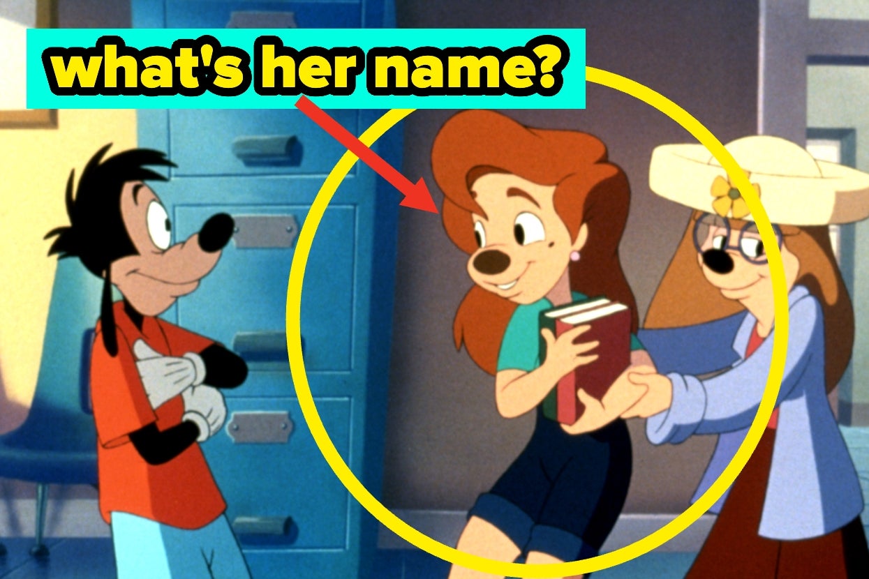 Animated scene with Goofy discovering a female character inside a yellow circle holding books, as another character looks on