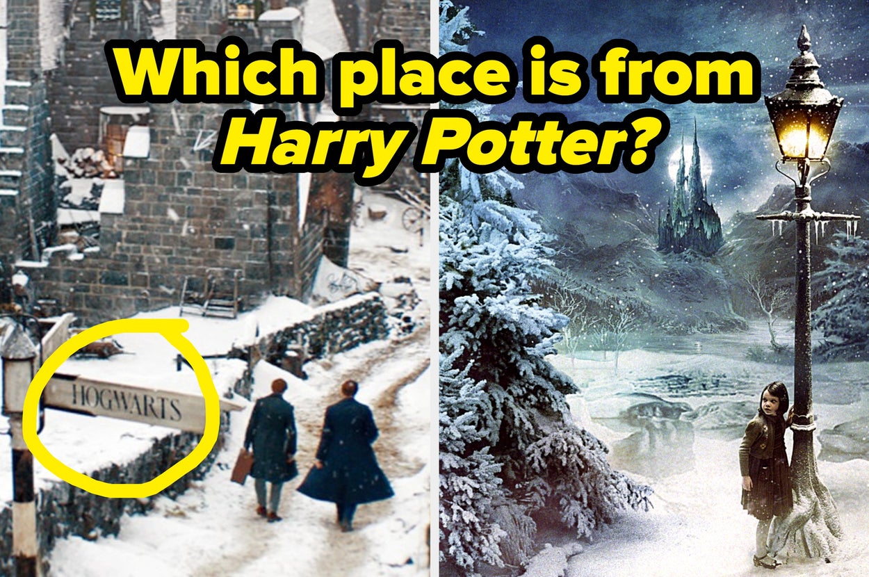 Split image comparing Hogsmeade village from Harry Potter, with snowy streets, and Narnia's lamppost scene, featuring a child by the lamppost