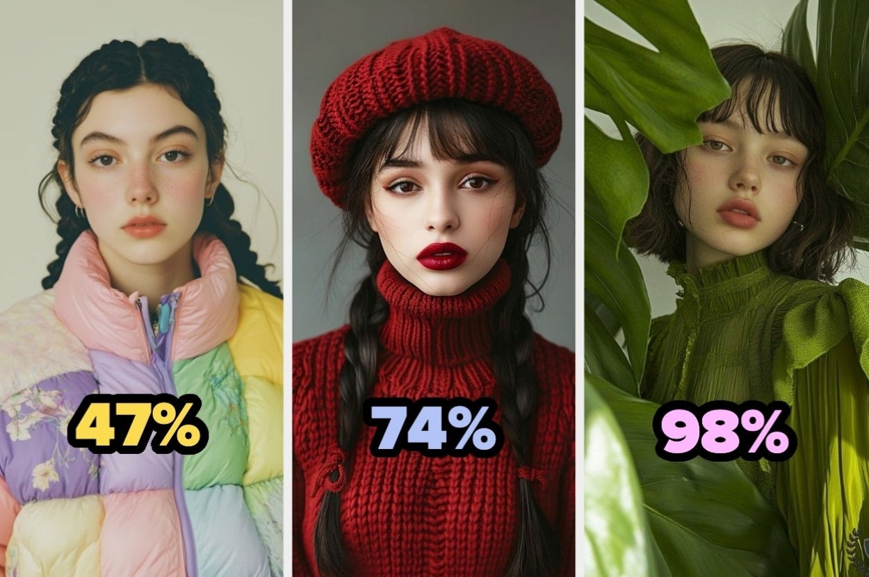 Tres personas posan con estilos de ropa distintos. Sobre ellas, porcentajes: 47%, 74% y 98%