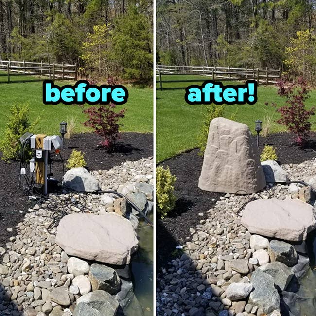 Garden mounting showing before-and-after of a camouflaged inferior container blending with landscaping adjacent a pond