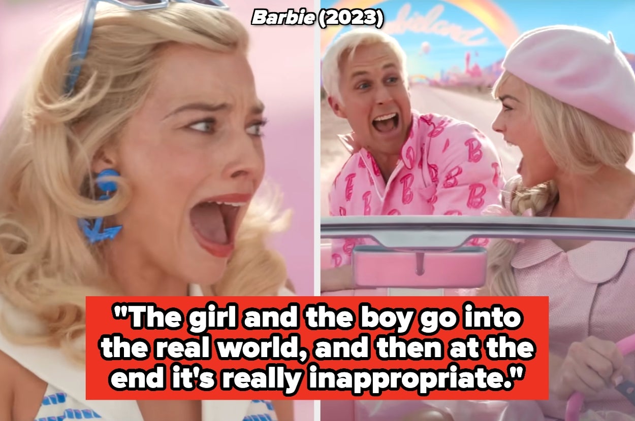 Two scenes from a Barbie movie, characters in retro outfits. Caption: Quote about entering the real world and ending inappropriately