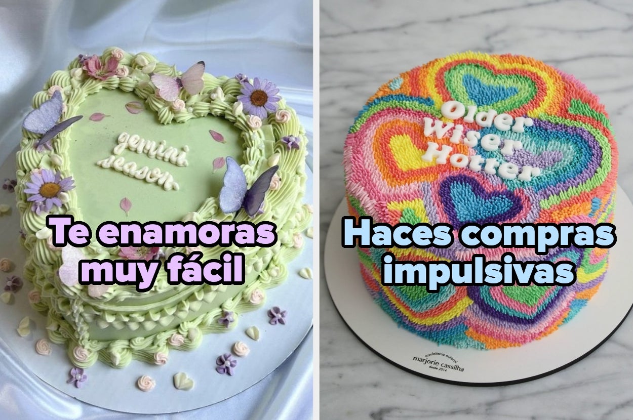 Tortas decoradas de forma creativa; una con mariposas y otra con arcoíris. Texto sobre las imágenes: "Te enamoras muy fácil" y "Haces compras impulsivas"