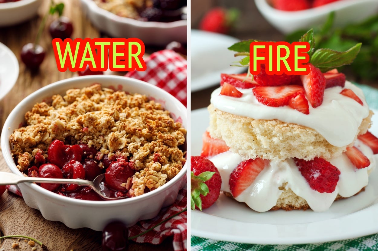A split image: Left shows a cherry crumble labeled "Water". Right shows a strawberry shortcake labeled "Fire"