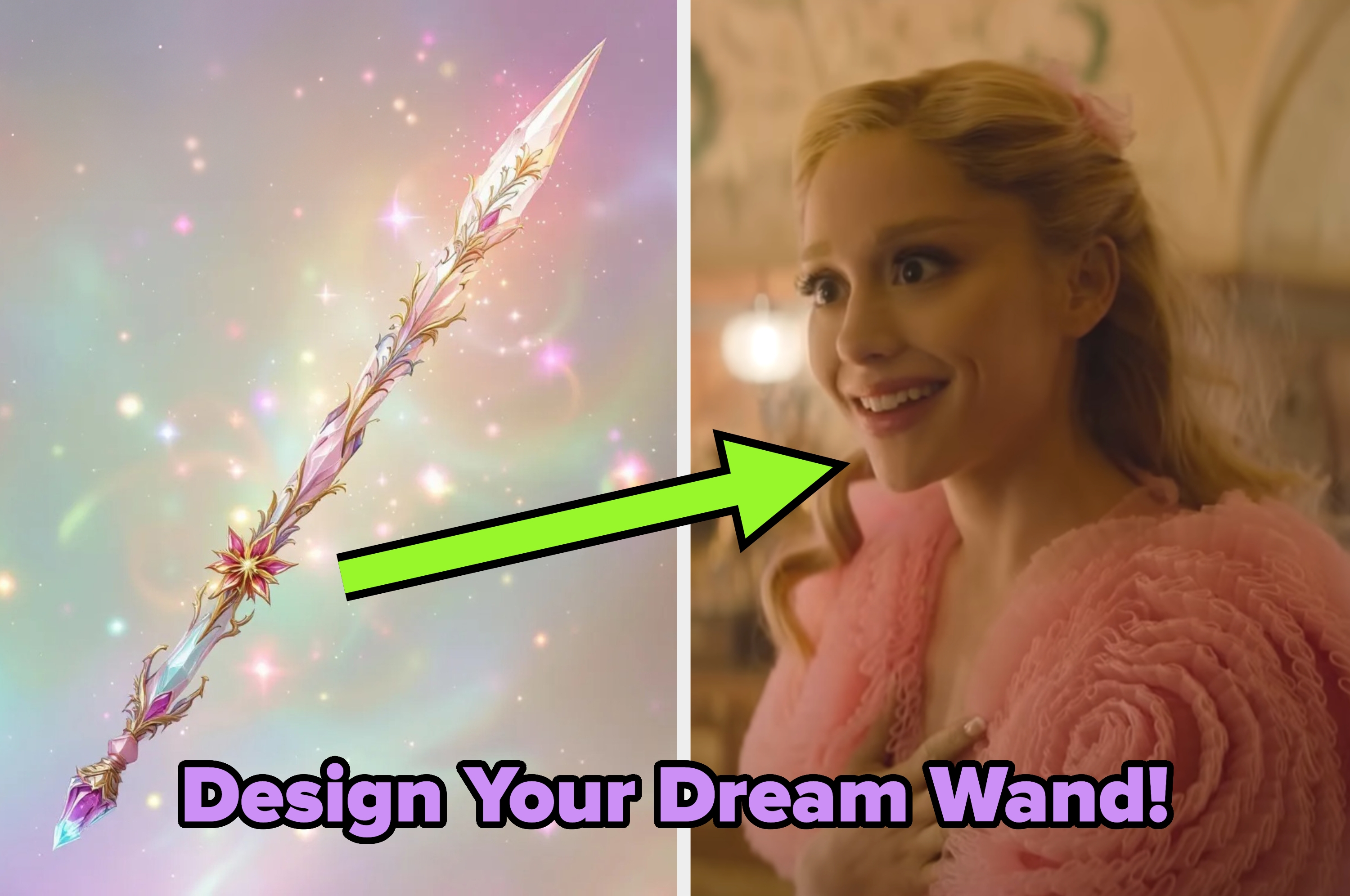 A split image with a magic wand on the left and a smiling person on the right in a pink textured outfit. Text below: "Design Your Dream Wand"