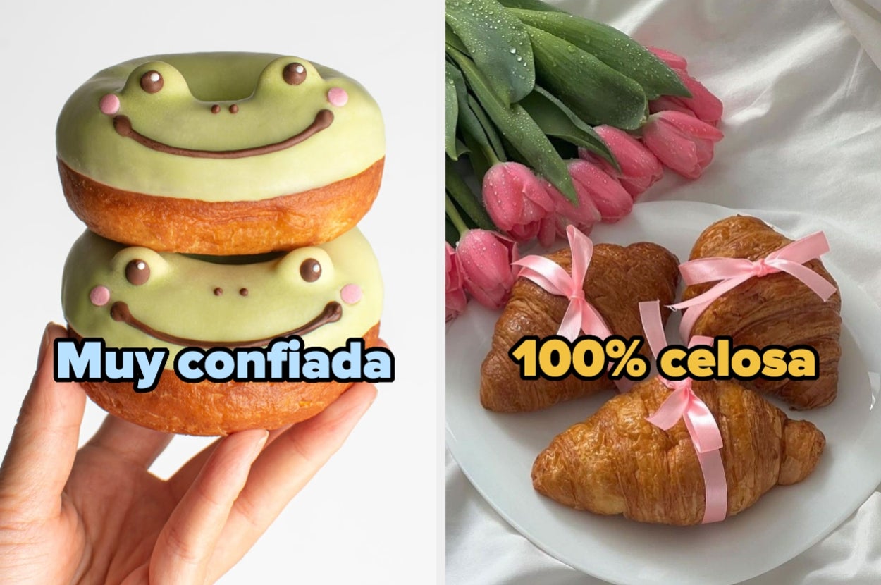 Donas con caras de ranas sonrientes y croissants con cintas rosas, subtitulados: "Muy confiada" y "100% celosa"