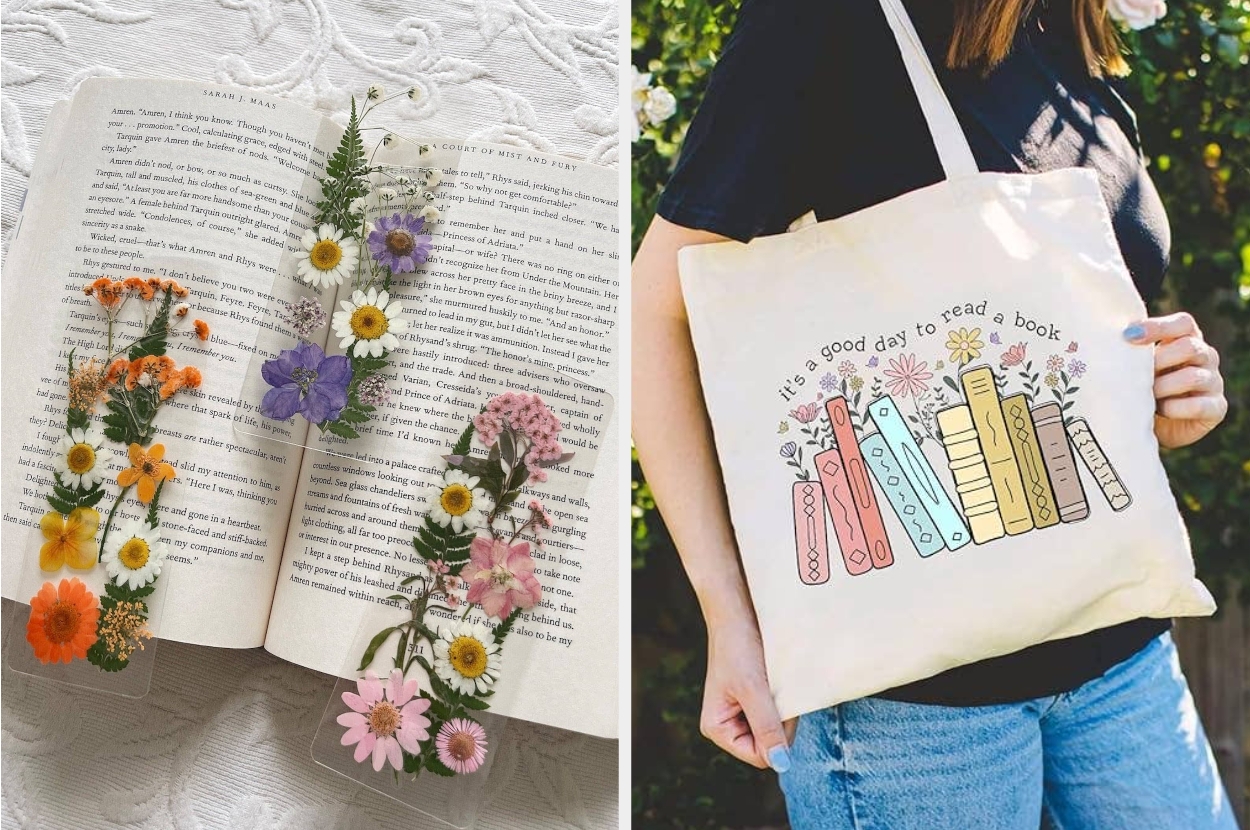 Pressed flowers on open book; person holding tote bag with book graphic and "It's a good day to read a book" text
