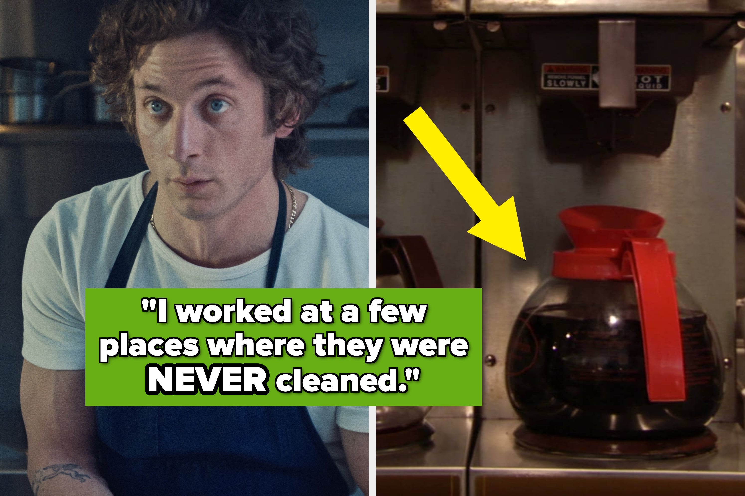 Split image: left, a person wearing an apron looking concerned; right, a used coffee pot with a yellow arrow pointing at it