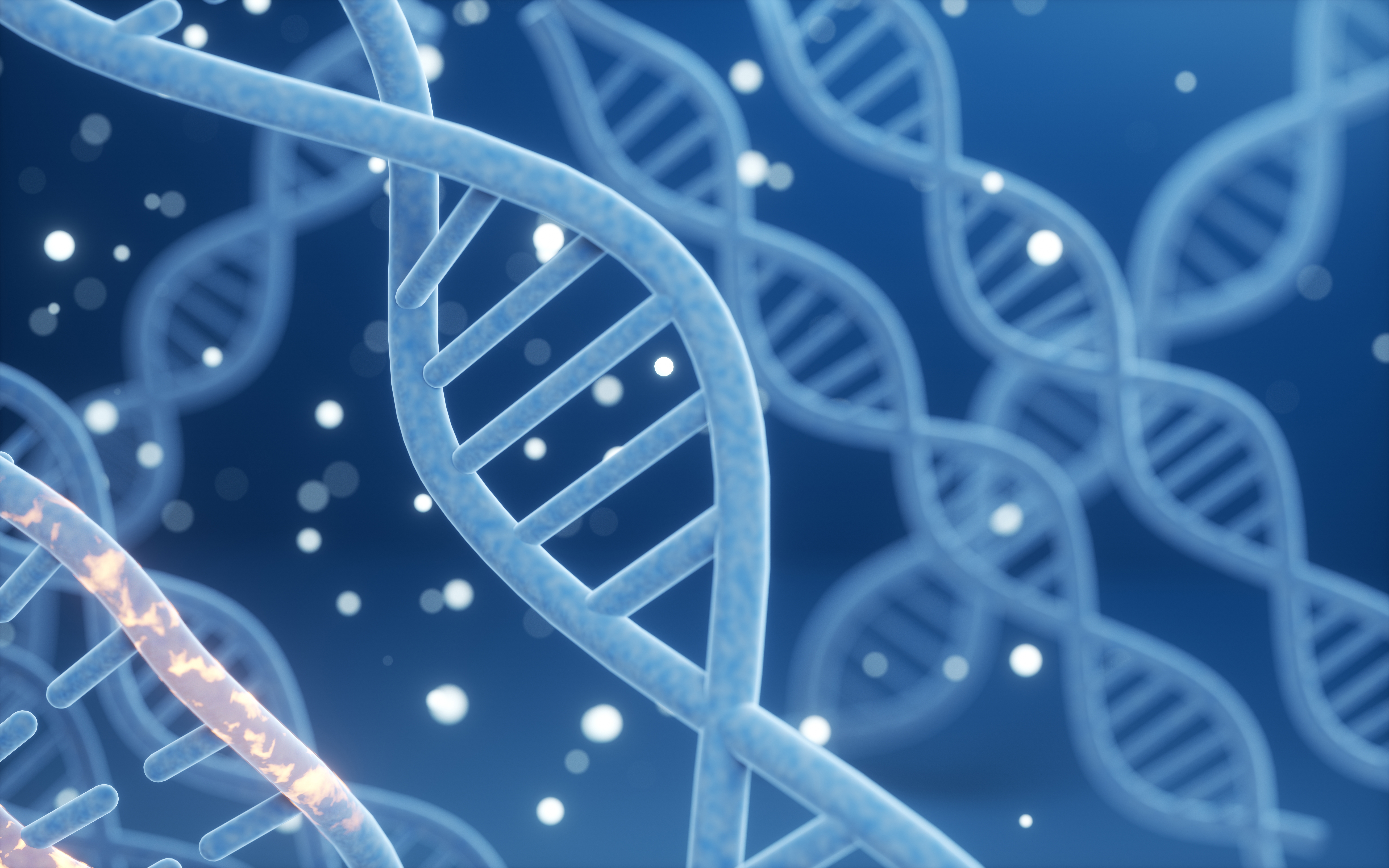 DNA -tråder med glødende partikler er sammenvevd, noe som antyder et tema for genetikk eller vitenskapelig utforskning