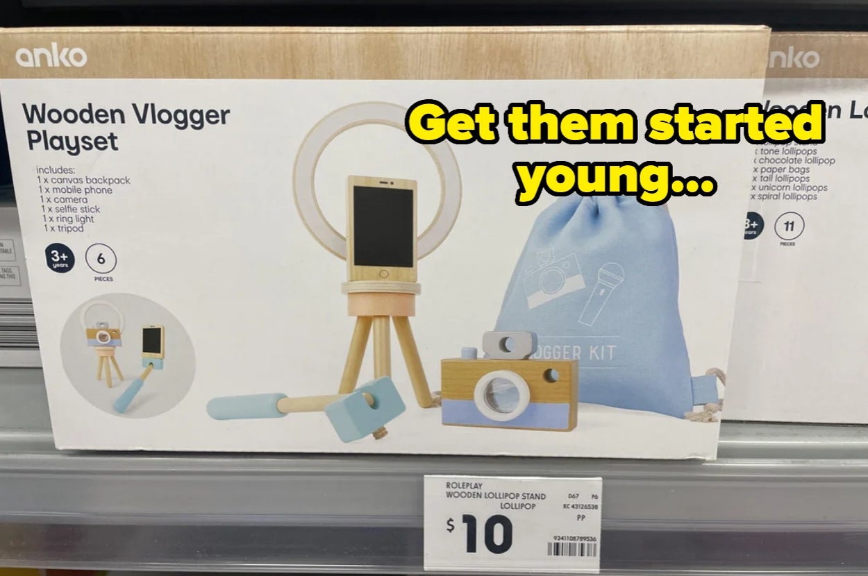Box of a wooden vlogger playset for ages 3+, featuring camera and ring light toys, with text: "Get them started young…" Price: $10
