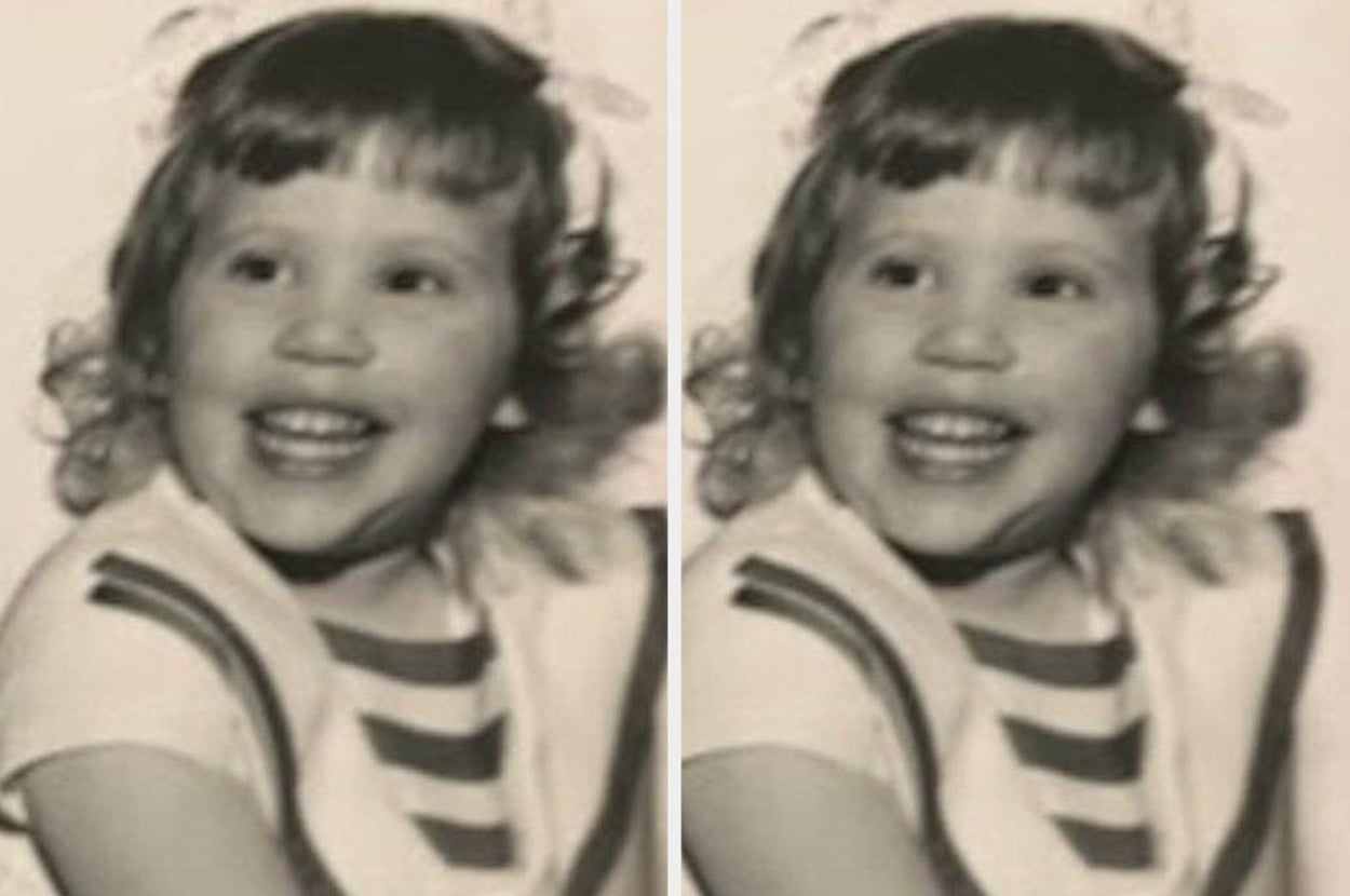 Child smiling happily, wearing a sailor-style outfit with stripes. The image is duplicated side by side