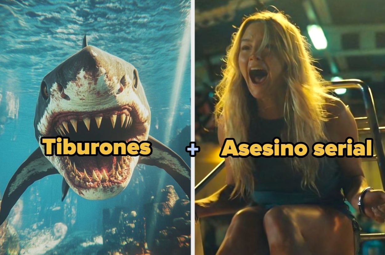 Imagen dividida: a la izquierda, un tiburón. A la derecha, persona gritando, con texto "Tiburones + Asesino serial"