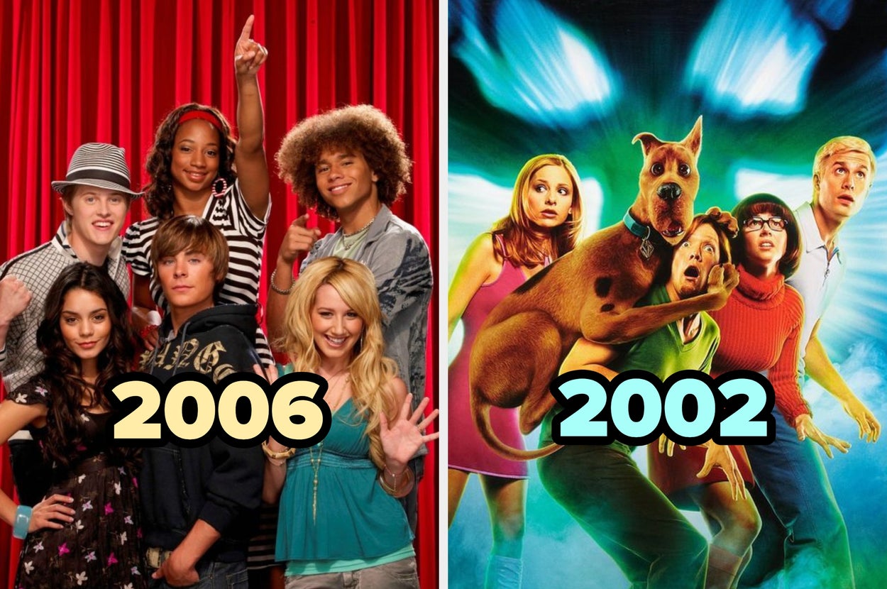 Montaje de dos imágenes: a la izquierda, elenco juvenil de 2006; a la derecha, personajes de "Scooby-Doo" de 2010 asustados