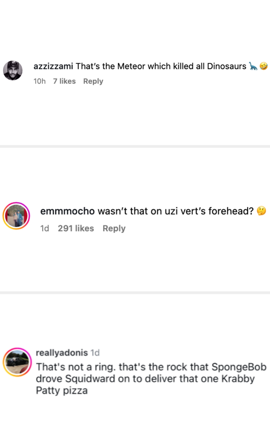 Comments joking about a rock, referencing a dinosaur meteor, rapper, and cartoon pizza delivery