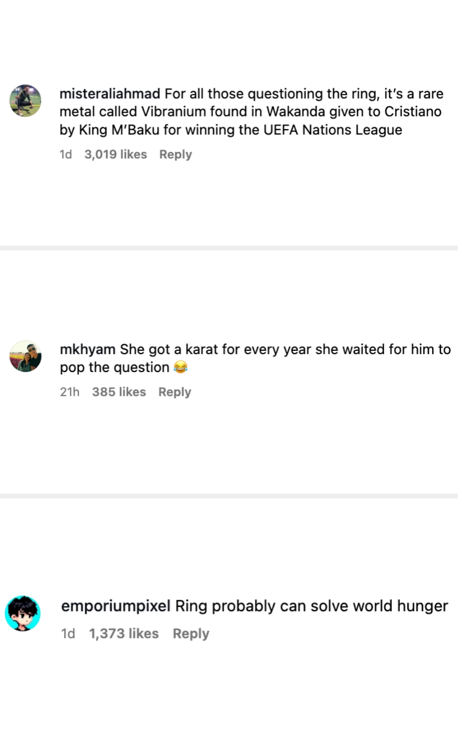 Social media comments joking about a large ring, mentioning Vibranium, UEFA Nations League, and world hunger