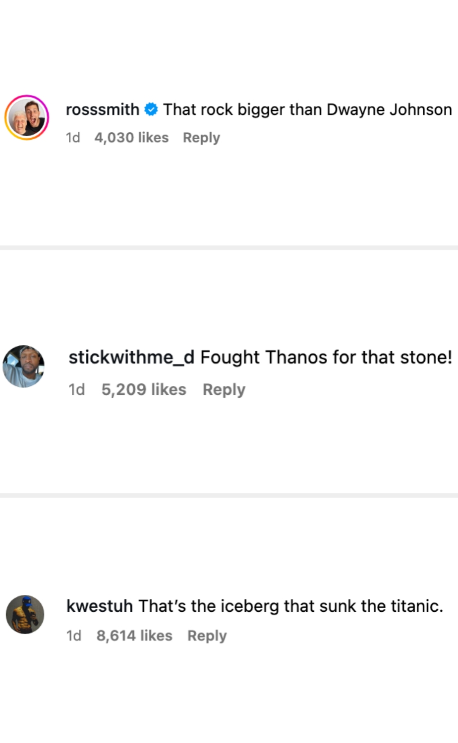 Instagram comments comparing a rock to Dwayne Johnson, Thanos, and the Titanic iceberg