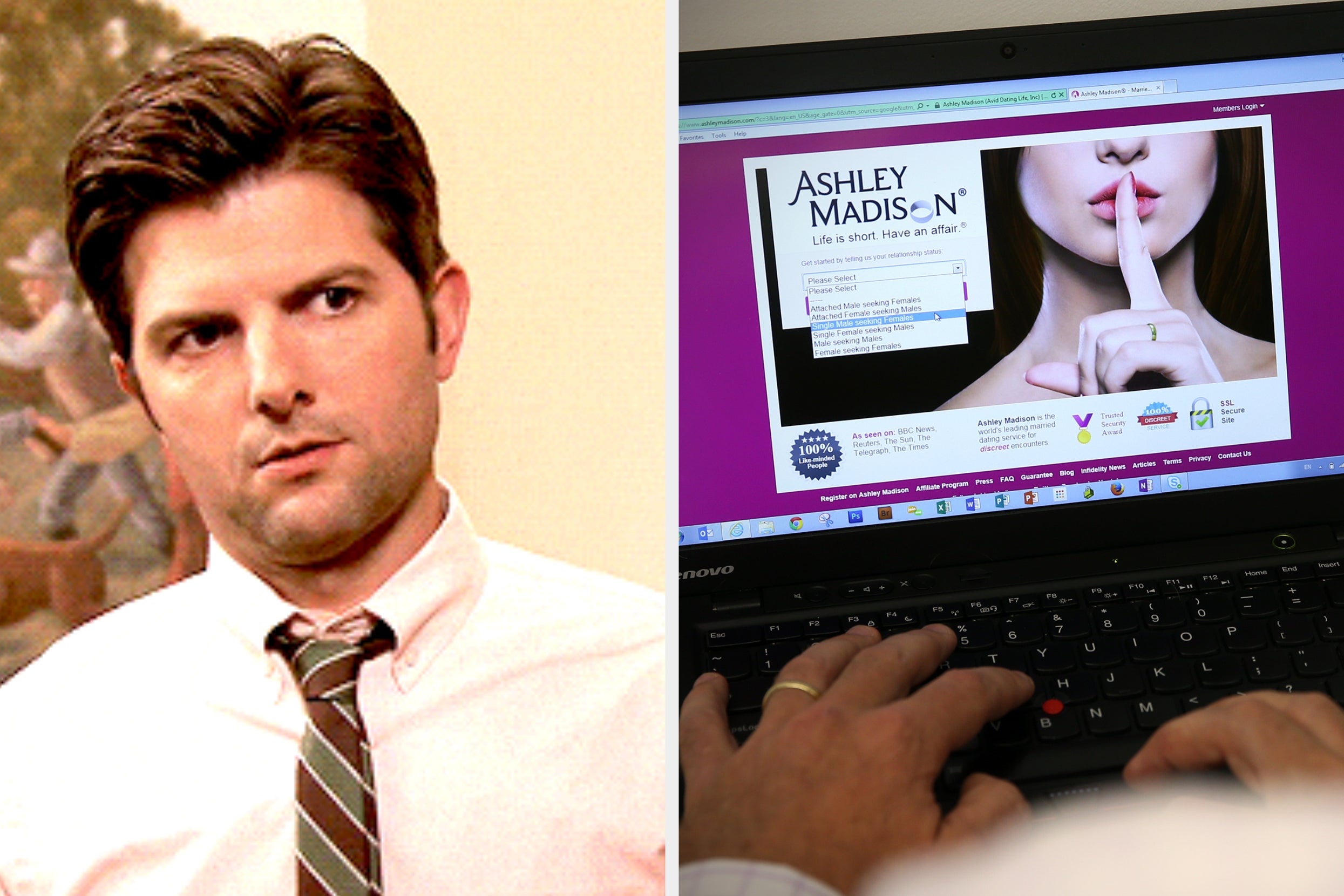 Man with a skeptical expression on the left; hands typing on Ashley Madison website on a laptop on the right