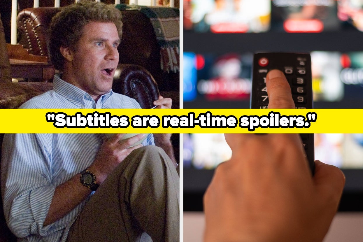 Split image of Will Ferrell in "Step Brothers" and a person holding a TV remote. Text: "Subtitles are real-time spoilers."