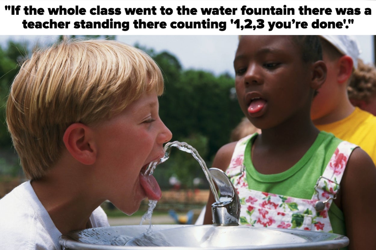 A boy drinks from a water fountain while a girl waits beside him. Text above recalls humorous memories of a teacher counting seconds at the fountain
