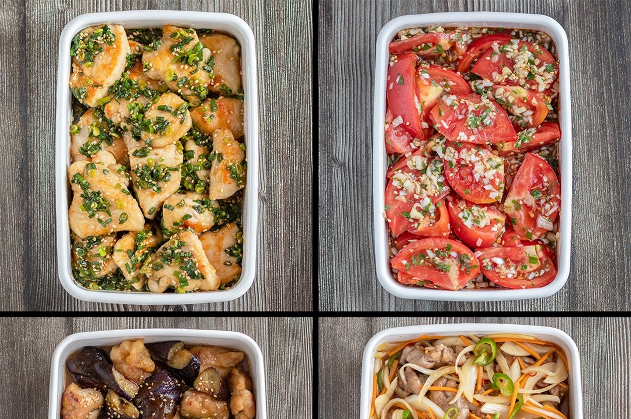 4種類の料理が入った弁当箱:チキンとハーブ、トマトとチーズ、ナスの炒め物、牛肉と野菜の炒め物。
