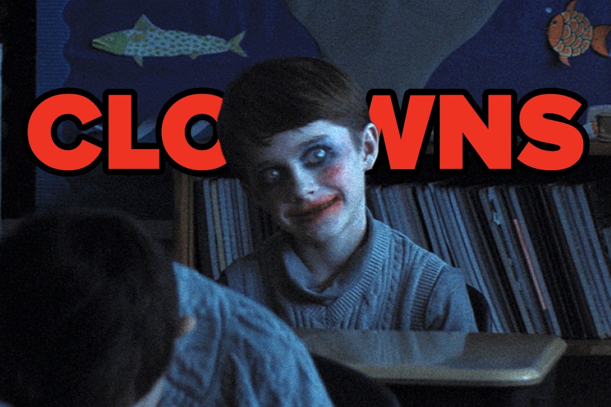 Cary Christopher in "Weapons" as a child in a classroom with clown makeup, looking upwards. The word "CLOWNS" is in large red letters above them
